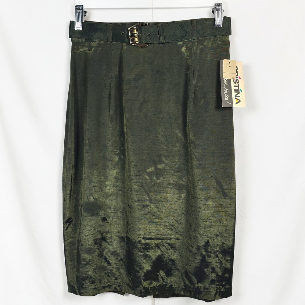 VTG Cristina 90s Iridescent Olive Green Belted Pencil Skirt High Waist 13/14 NWT